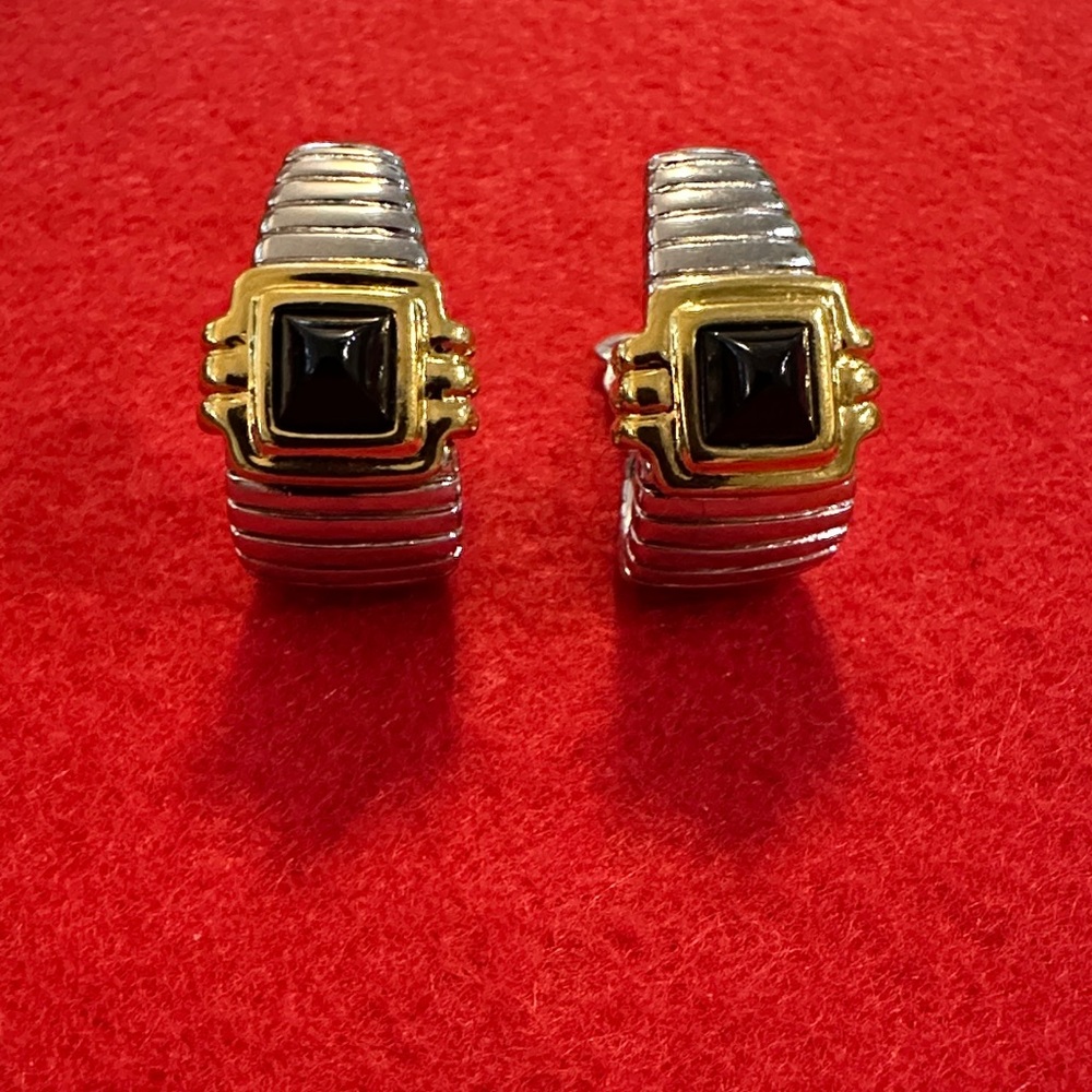 Joan Rivers Vintage Stamped Clip Gold/Silver Earrings w/ Faux Onyx Center
